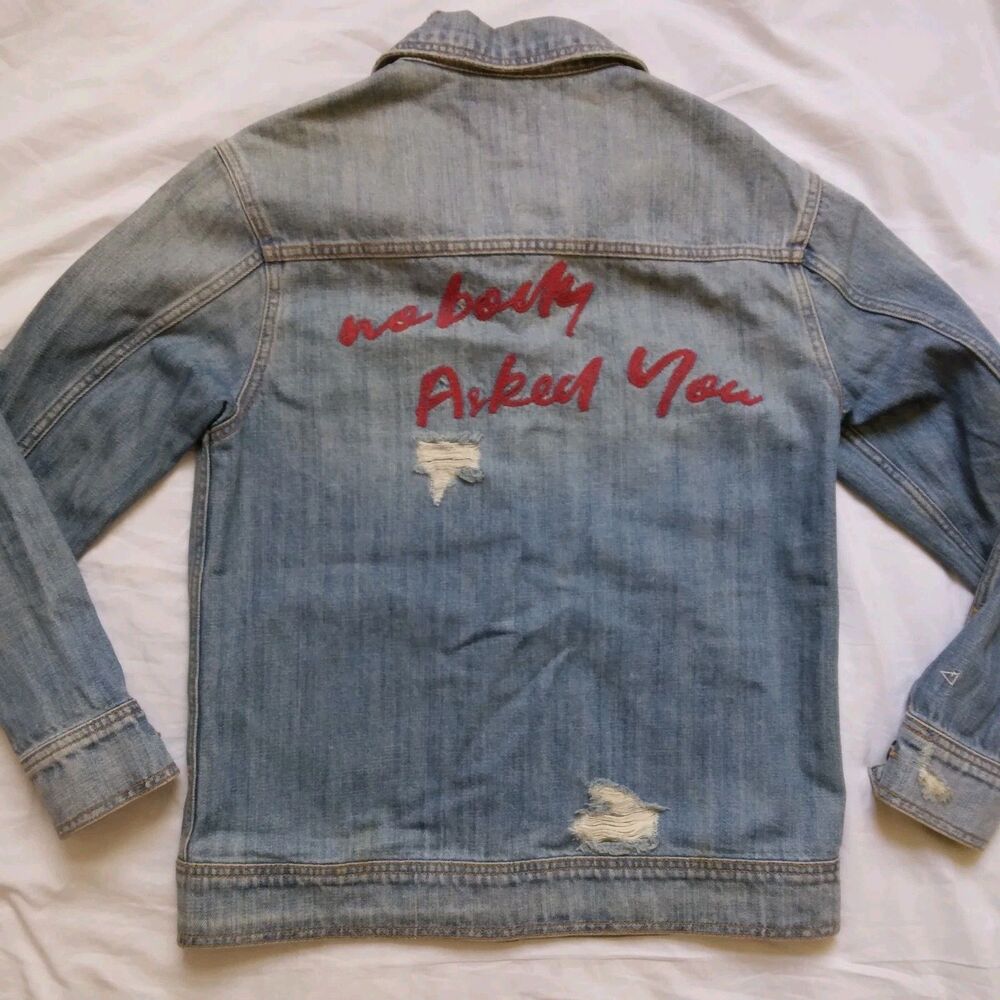 Hidden Embroidered Distressed Denim Jean Jacket Grunge Y2K Women's Size XS - Picture 14 of 16